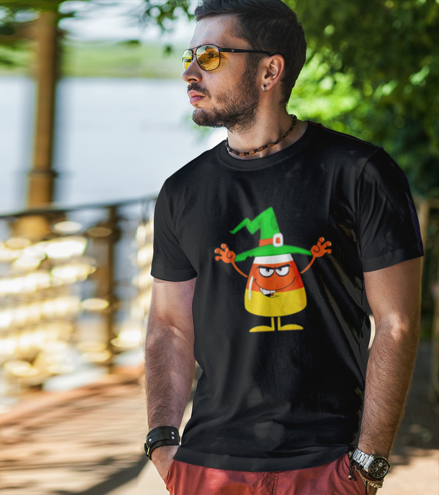Candy Corn Witch Halloween Character With Green Hat T-Shirt