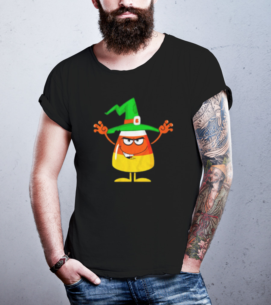 Candy Corn Witch Halloween Character With Green Hat T-Shirt