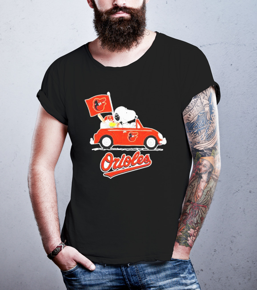 Snoopy Driving Red Car With Baltimore Orioles Flag And Orioles Text T-Shirt