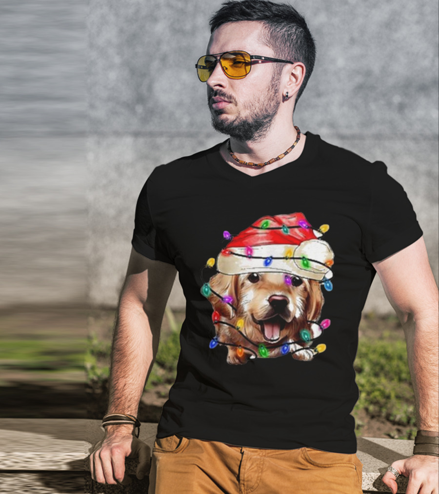 Christmas Lights Dog Lover Santa Hat Raglan T-Shirt