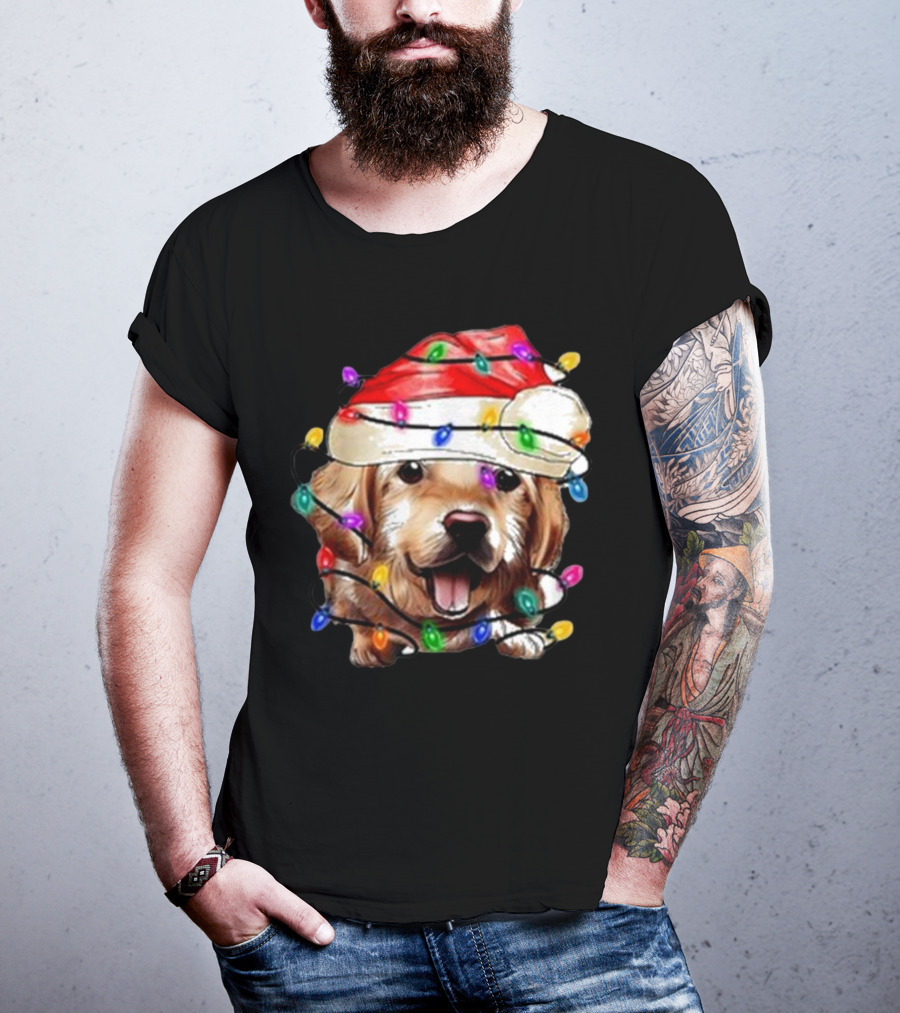 Christmas Lights Dog Lover Santa Hat Raglan T-Shirt