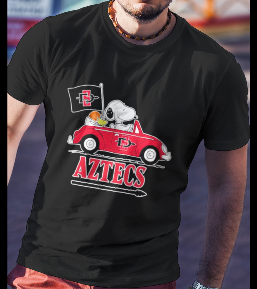 Snoopy And Woodstock Riding In Red Car With Aztecs Flag T-Shirt