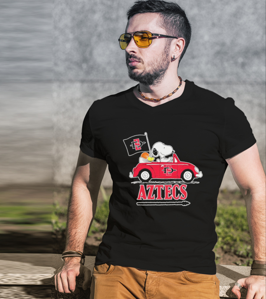 Snoopy And Woodstock Riding In Red Car With Aztecs Flag T-Shirt