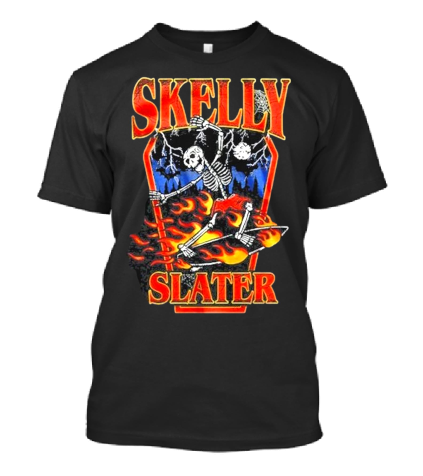 Skelly Slater Skeleton Skateboarding With Flames And Coffin Background T-Shirt
