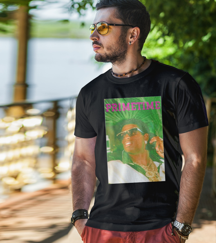 PRIMETIME Deion Sanders Sunglasses Gold Chains Retro Vibe T-Shirt