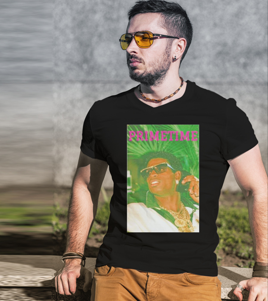 PRIMETIME Deion Sanders Sunglasses Gold Chains Retro Vibe T-Shirt