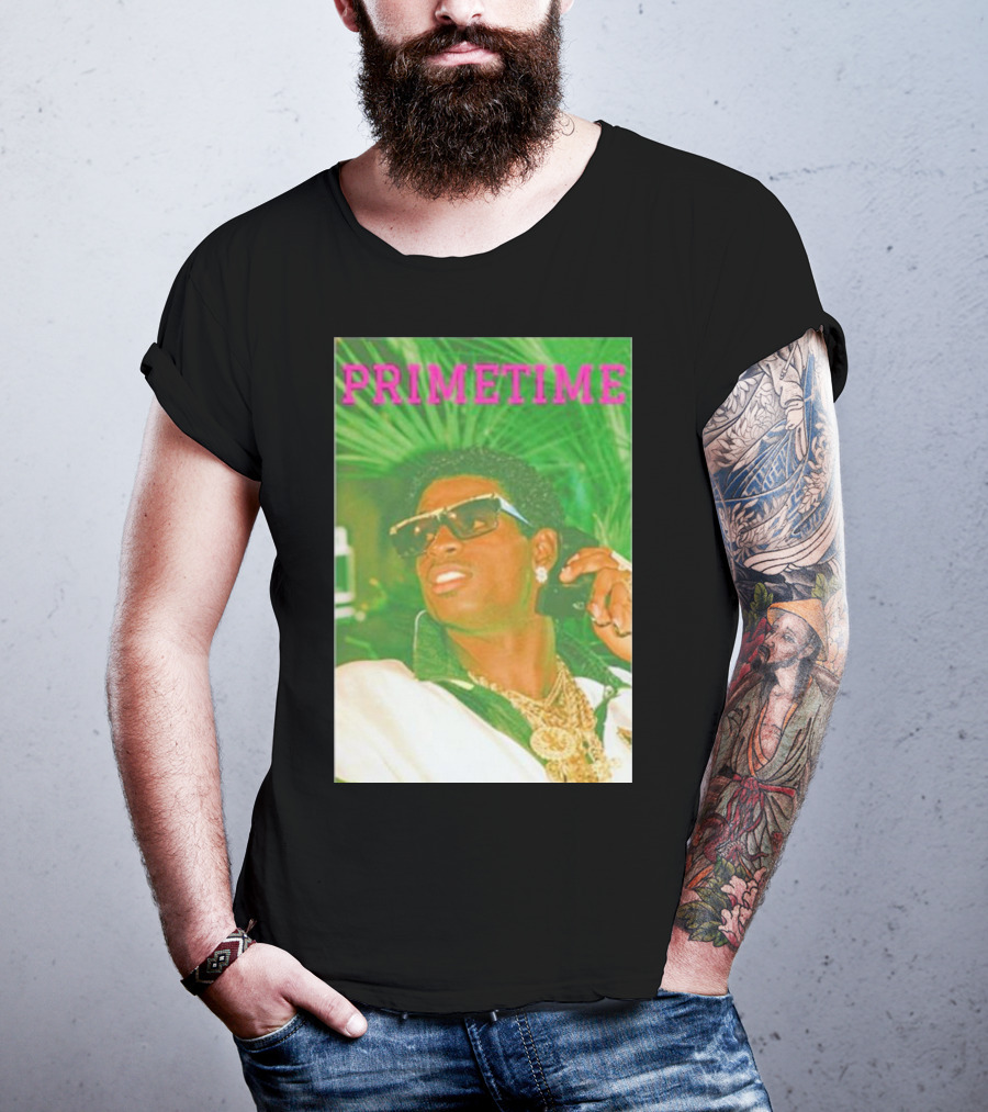 PRIMETIME Deion Sanders Sunglasses Gold Chains Retro Vibe T-Shirt