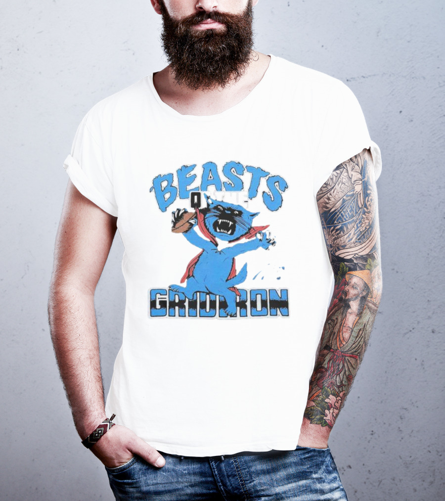 Carolina Panthers Beasts Of The Gridiron Football Feline Roaring With Ball T-Shirt