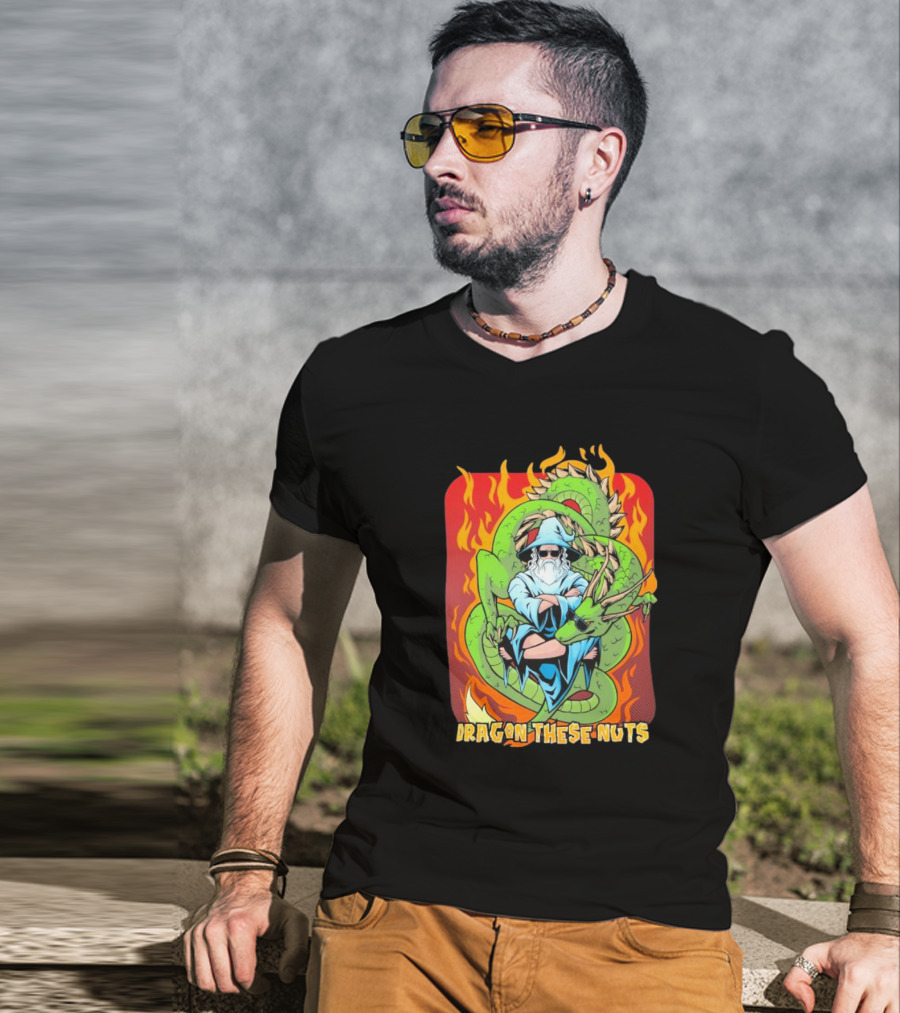 Dragon These Nuts Wizard With Green Dragon And Flames T-Shirt