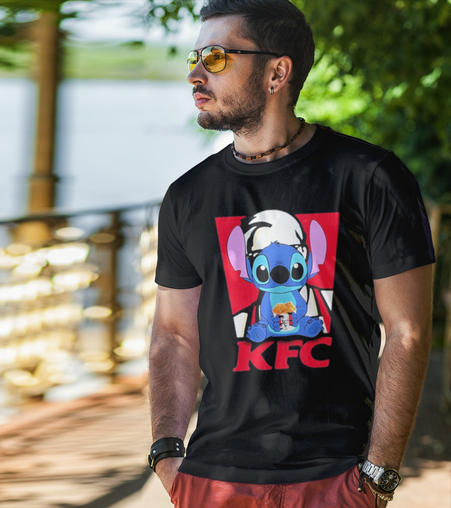 Stitch Eating KFC With Logo Background T-Shirt