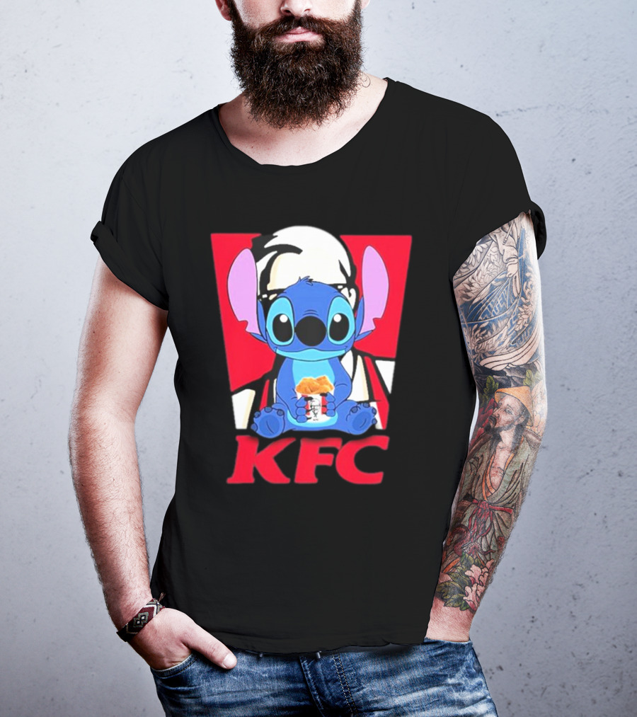 Stitch Eating KFC With Logo Background T-Shirt