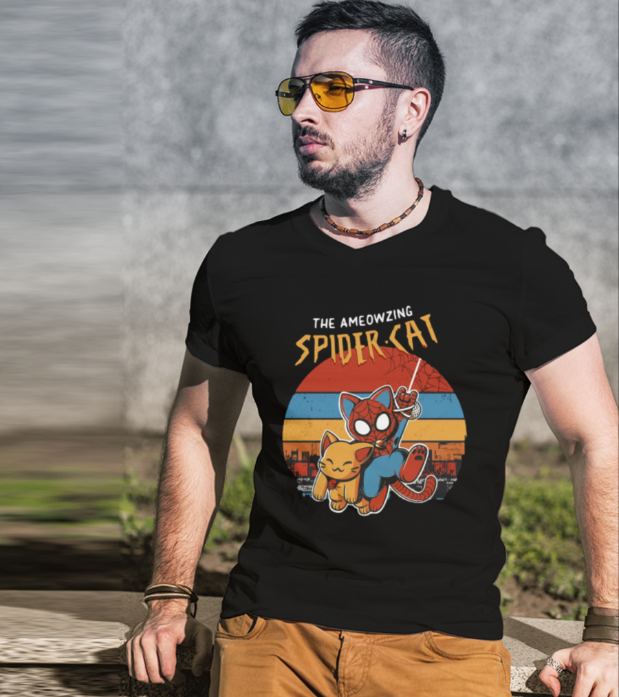 The Ameozing Spider Cat Retro Style Graphic With Web-Slinging Cat Superhero And Orange Cat Companion T-Shirt