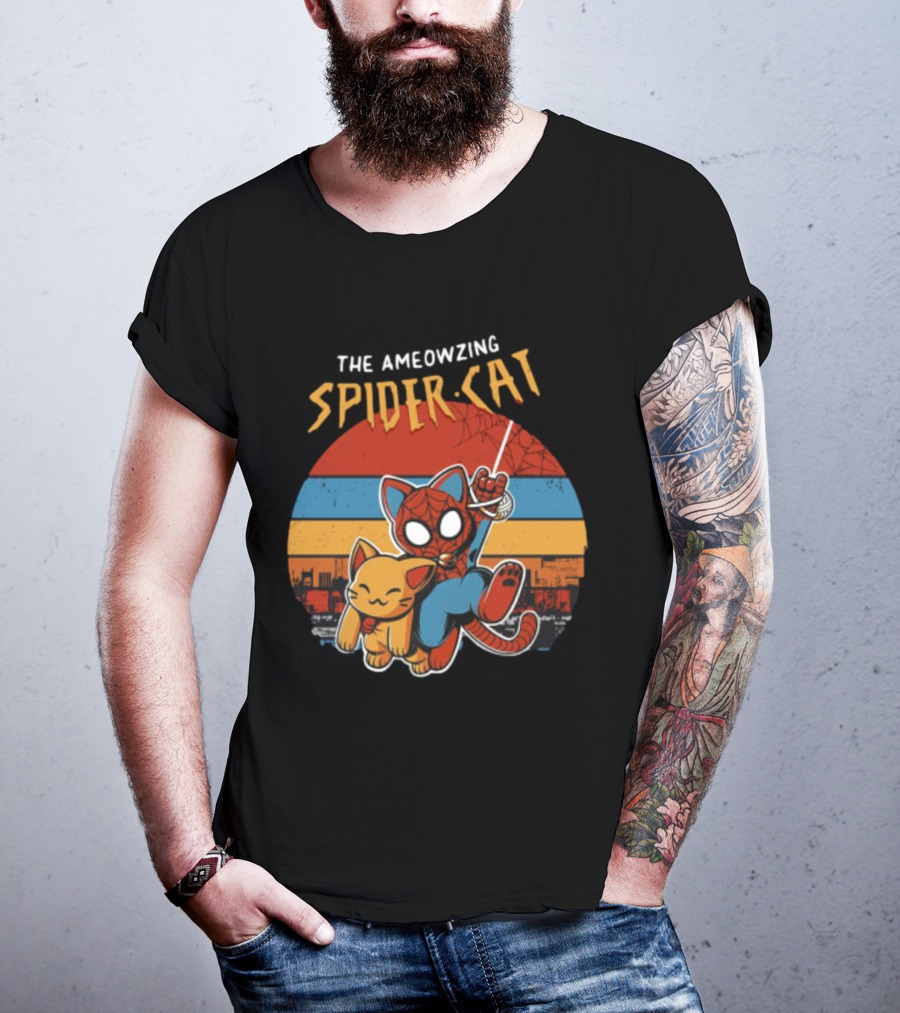 The Ameozing Spider Cat Retro Style Graphic With Web-Slinging Cat Superhero And Orange Cat Companion T-Shirt
