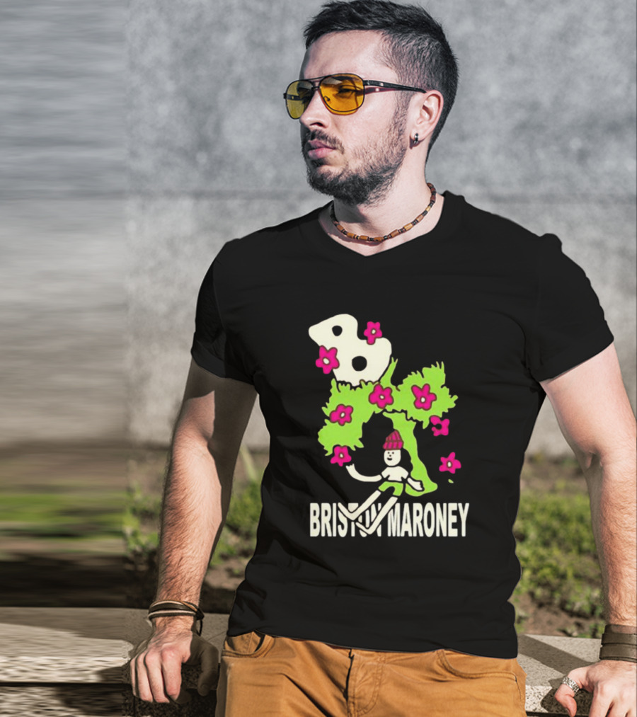 Briston Maroney Cartoon Character With Green Planet And Pink Flowers T-Shirt