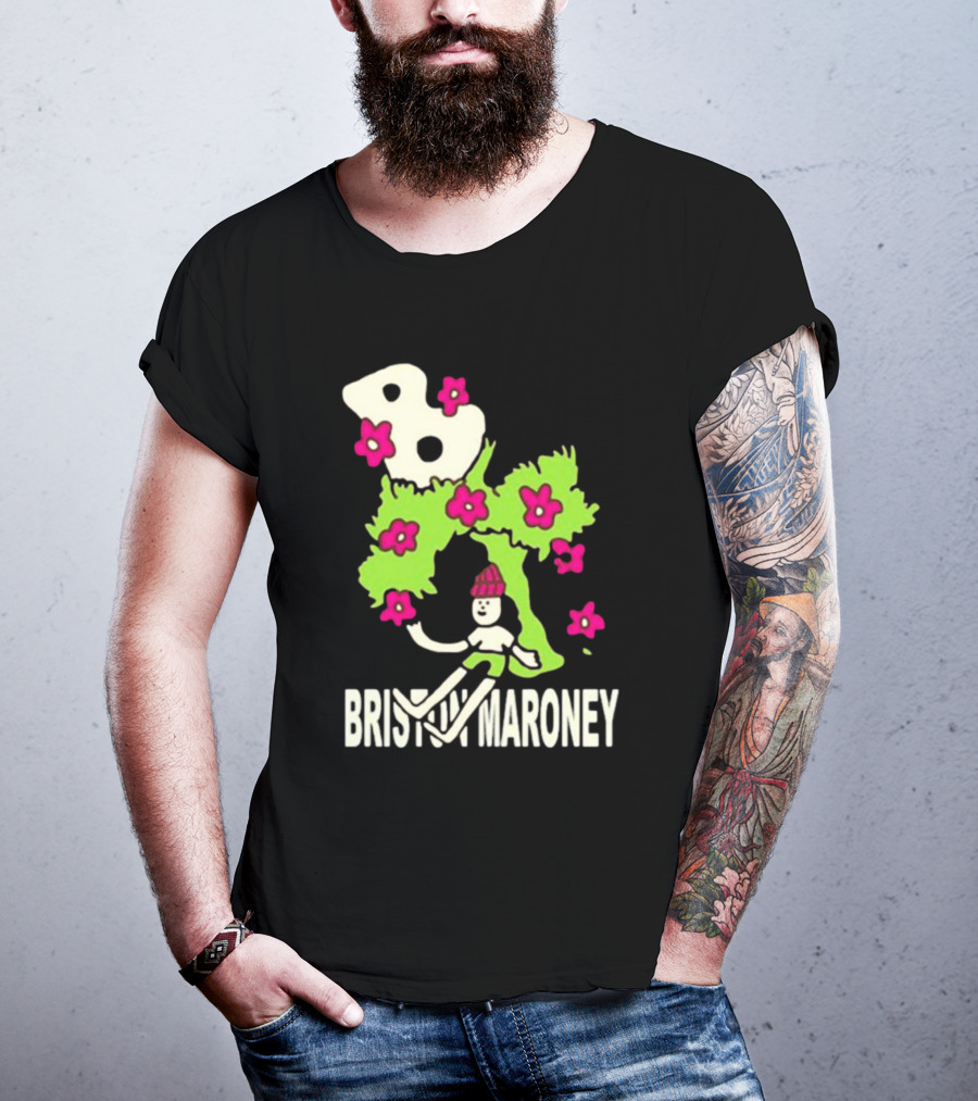 Briston Maroney Cartoon Character With Green Planet And Pink Flowers T-Shirt