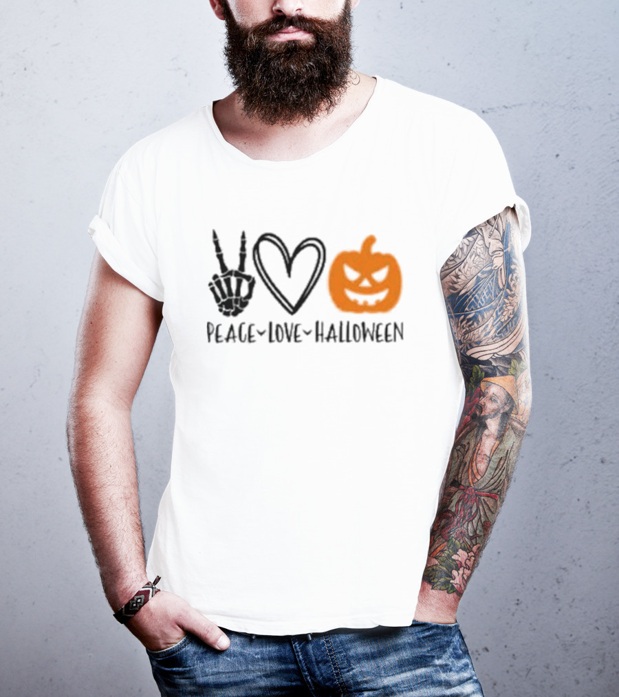Peace Love Halloween Skeleton Hand Heart Pumpkin T-Shirt