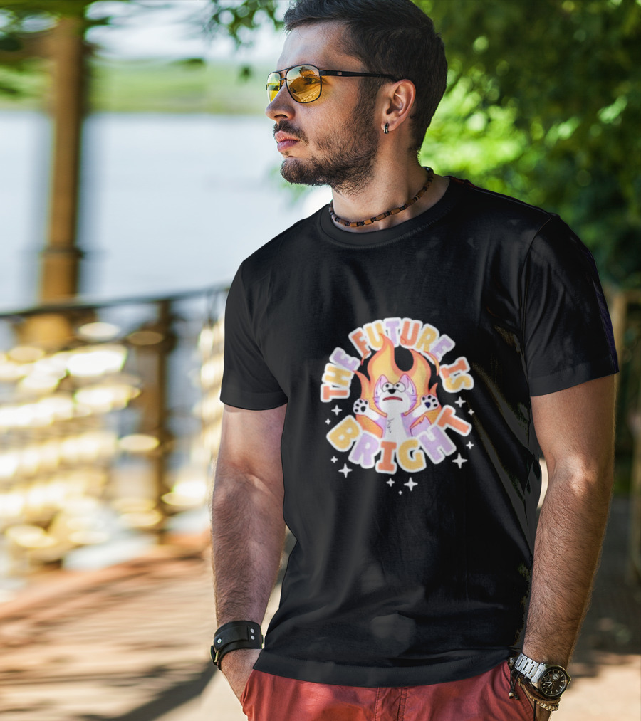 The Future Is Bright Flaming Cartoon Cat With Stars And Flames T-Shirt