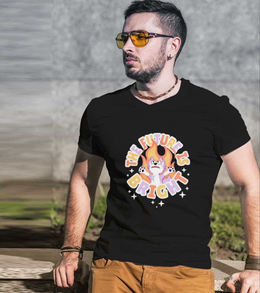 The Future Is Bright Flaming Cartoon Cat With Stars And Flames T-Shirt