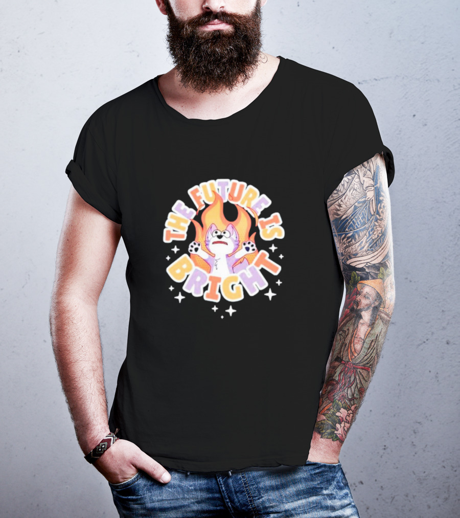 The Future Is Bright Flaming Cartoon Cat With Stars And Flames T-Shirt