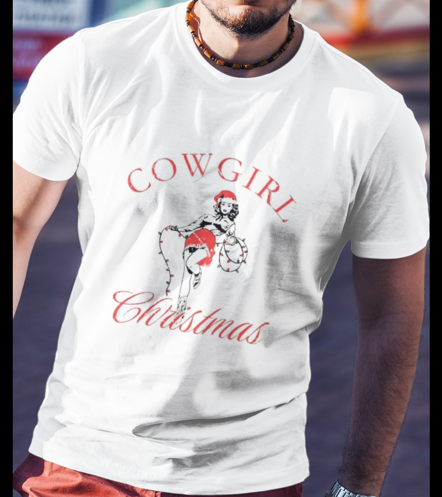 Cowgirl Christmas Santa Hat Festive Lights Retro Pin-Up T-Shirt