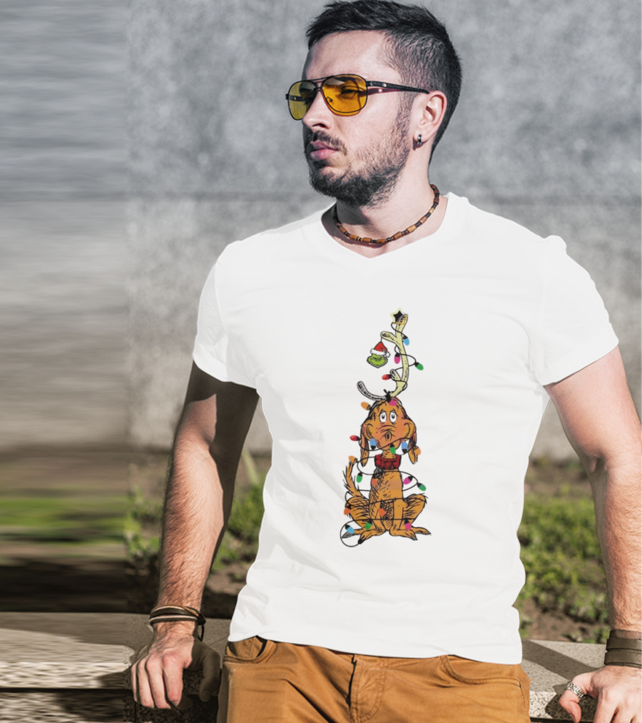 Funny Grinch Christmas Lights With Dog Wrapped In Colorful String Of Lights T-Shirt