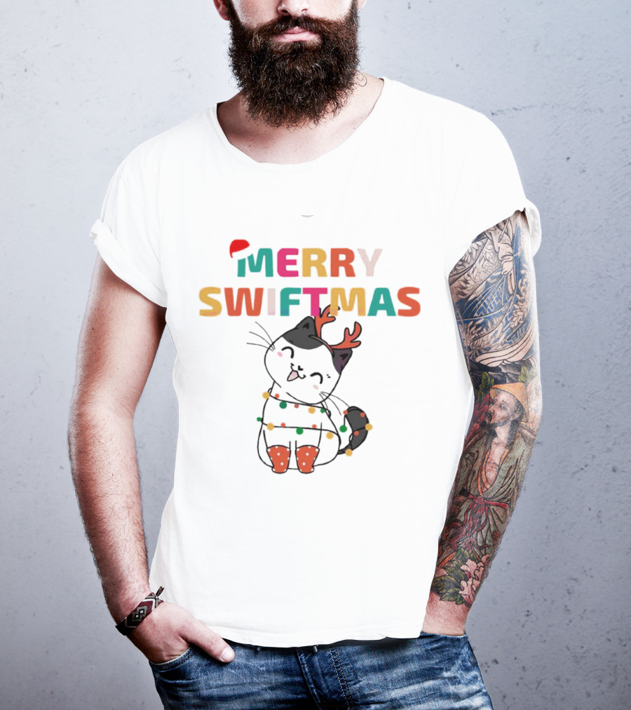 Merry Swiftmas Christmas Cat With Reindeer Antlers And Festive Lights T-Shirt