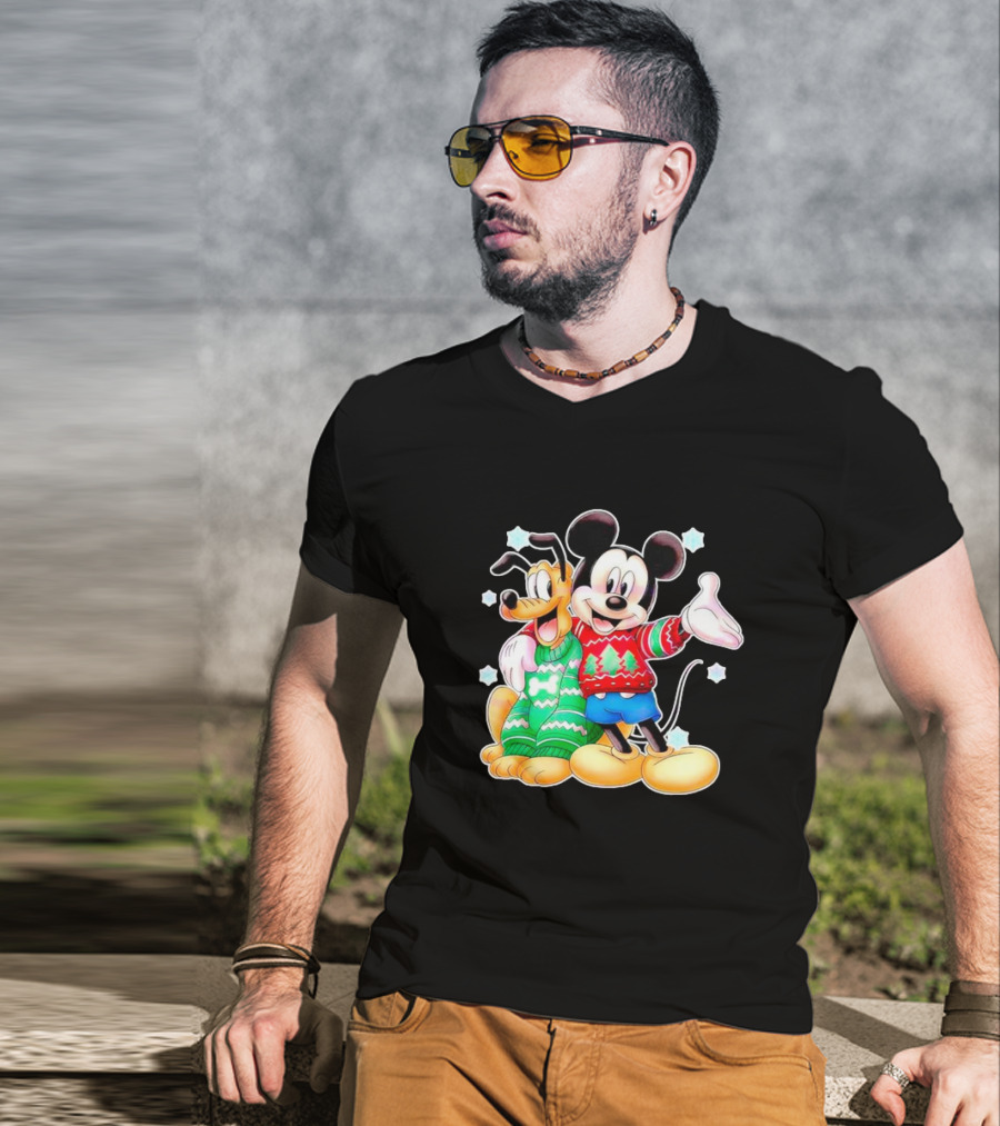 Mickey And Pluto Christmas Sweater Holiday Scene T-Shirt