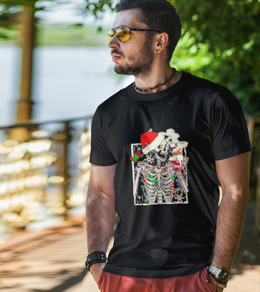 Skeleton Santa Hat Snowflake Christmas Coffee Candy Cane Holiday Scene T-Shirt