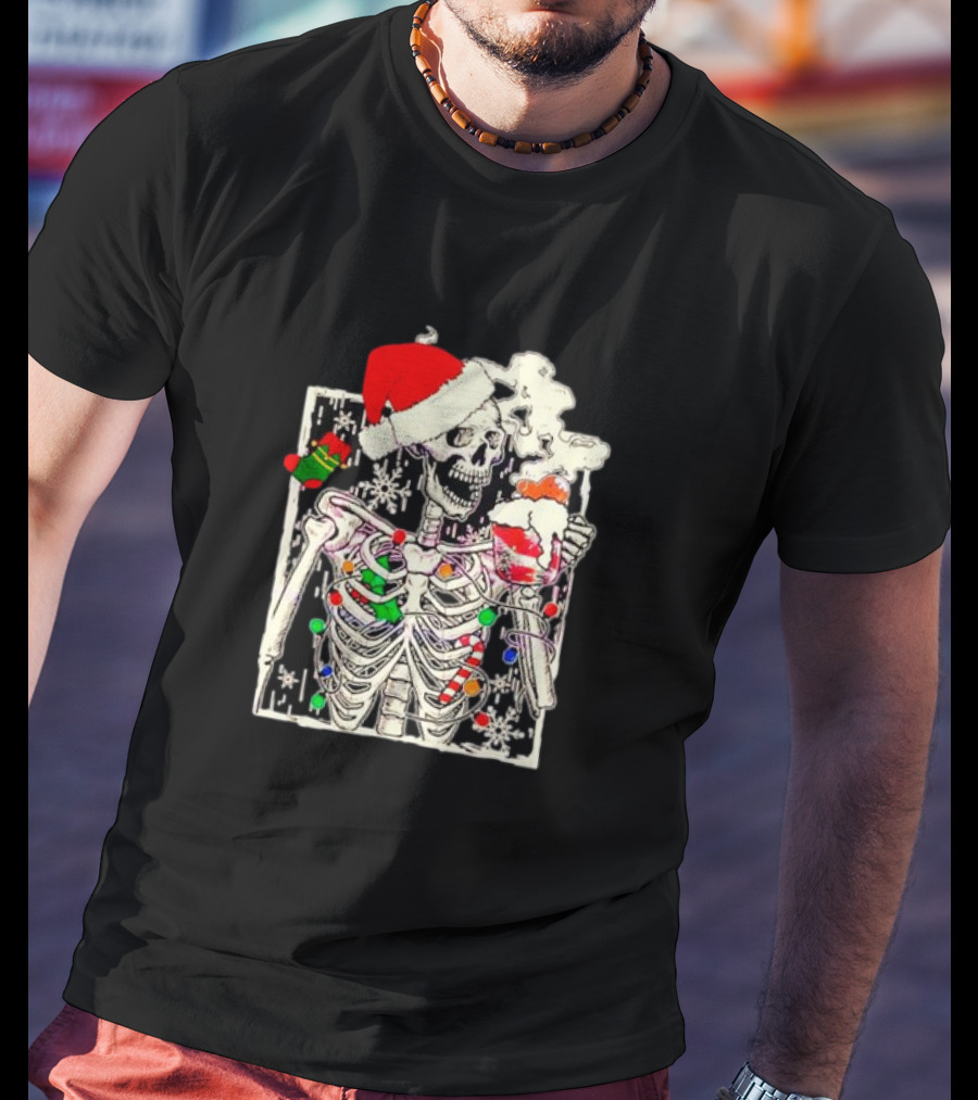 Skeleton Santa Hat Snowflake Christmas Coffee Candy Cane Holiday Scene T-Shirt
