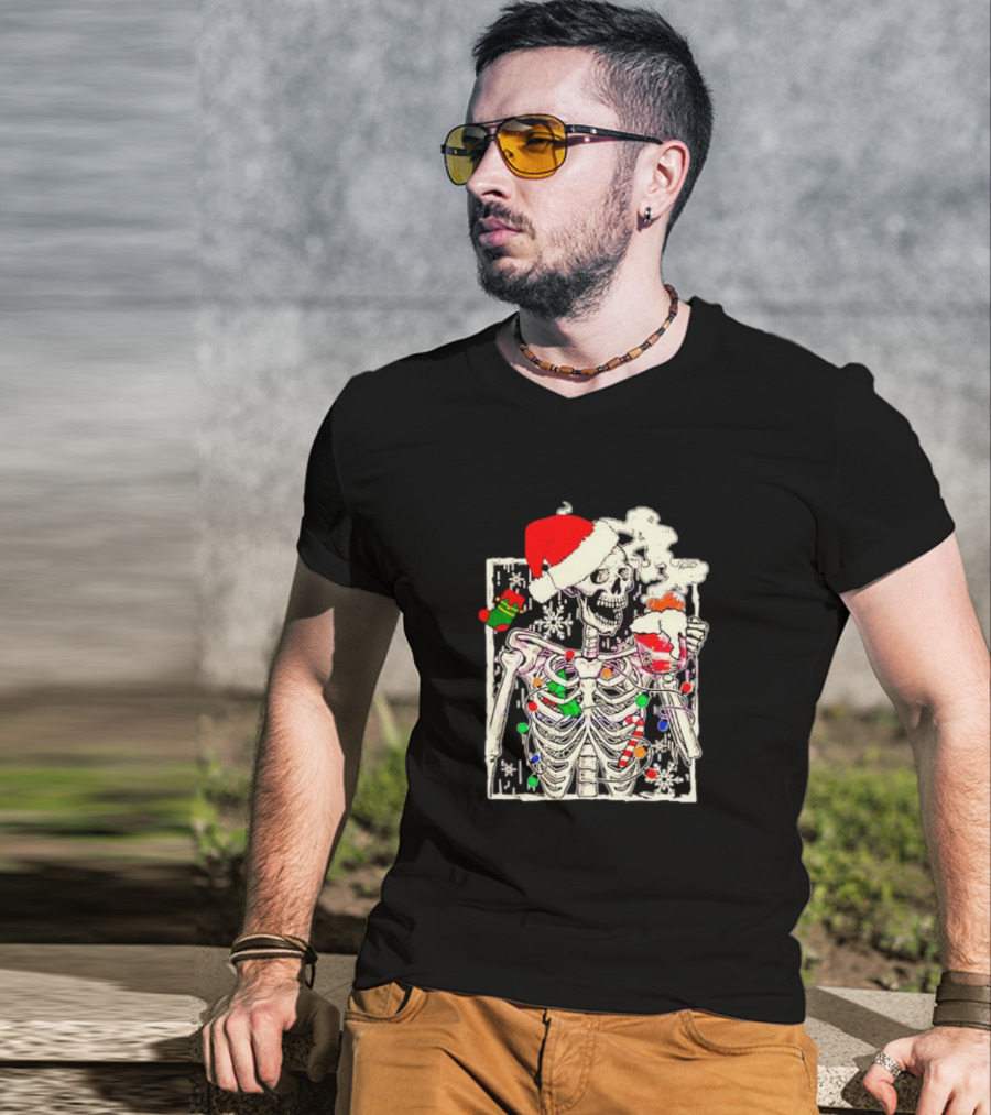 Skeleton Santa Hat Snowflake Christmas Coffee Candy Cane Holiday Scene T-Shirt