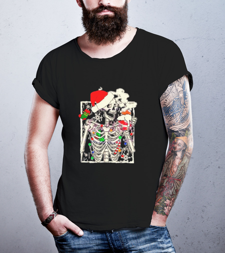 Skeleton Santa Hat Snowflake Christmas Coffee Candy Cane Holiday Scene T-Shirt