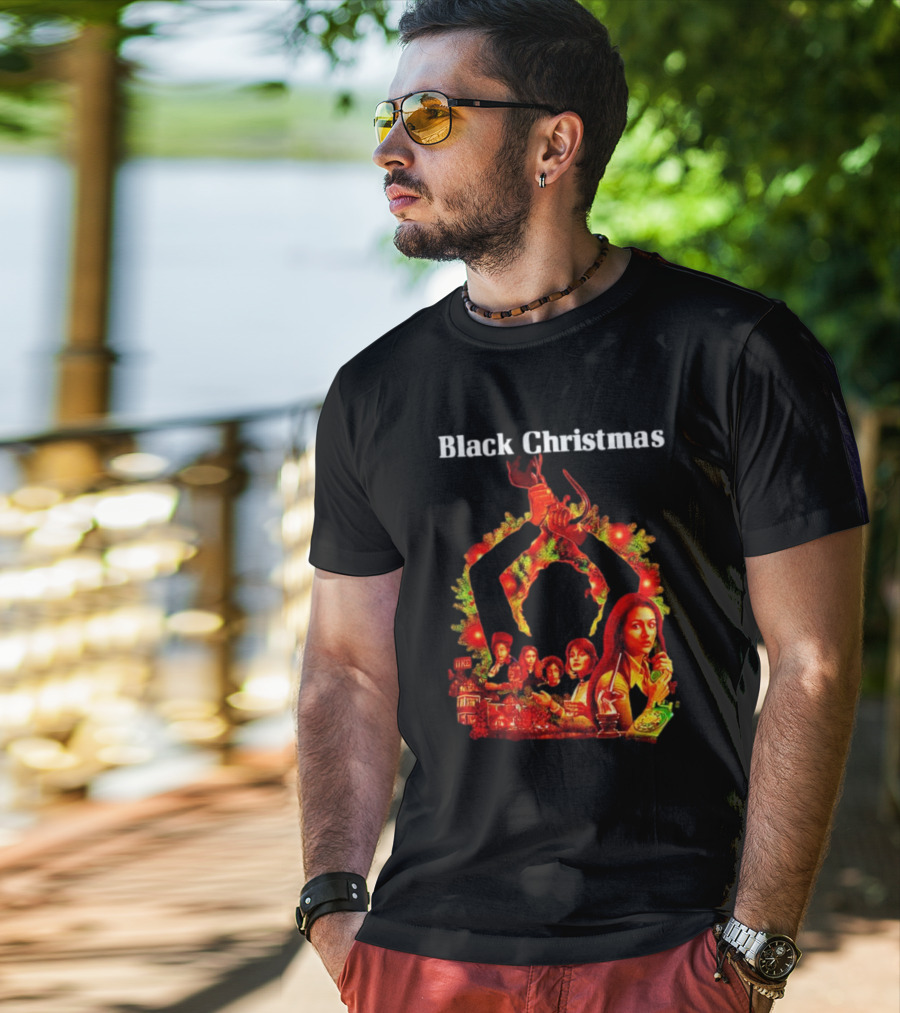 Black Christmas Silent Night Horror Movie Characters Axe Wreath Scene T-Shirt