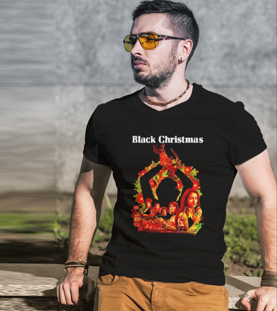 Black Christmas Silent Night Horror Movie Characters Axe Wreath Scene T-Shirt