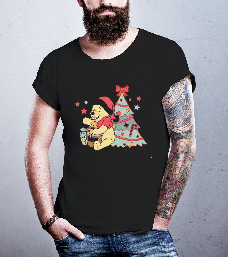Winni The Pooh Bear Christmas Hunny Jar And Festive Tree T-Shirt