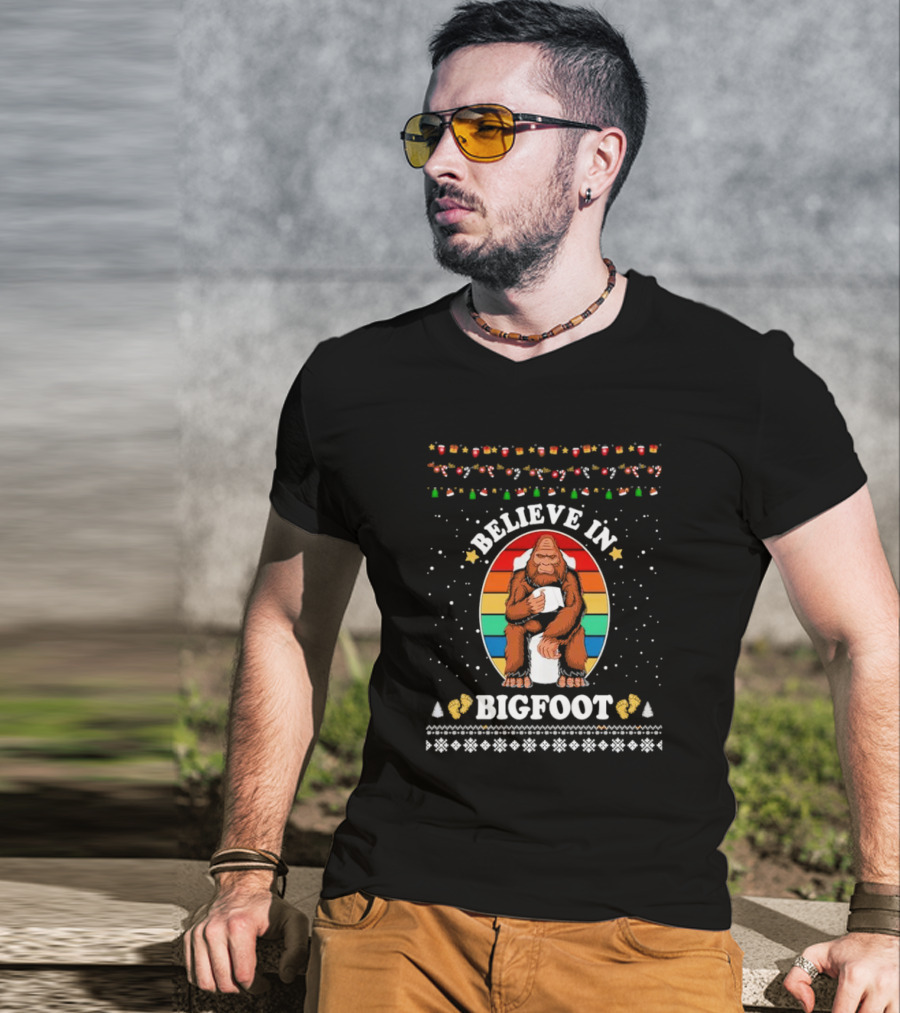 Believe In Bigfoot With Toilet Humor And Christmas Icons T-Shirt