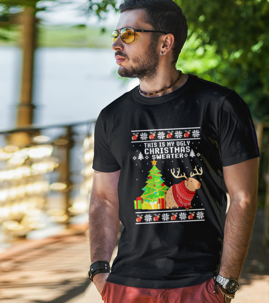 This Is My Ugly Christmas Sweater Capybara Reindeer T-Shirt