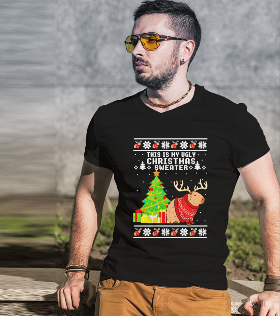This Is My Ugly Christmas Sweater Capybara Reindeer T-Shirt