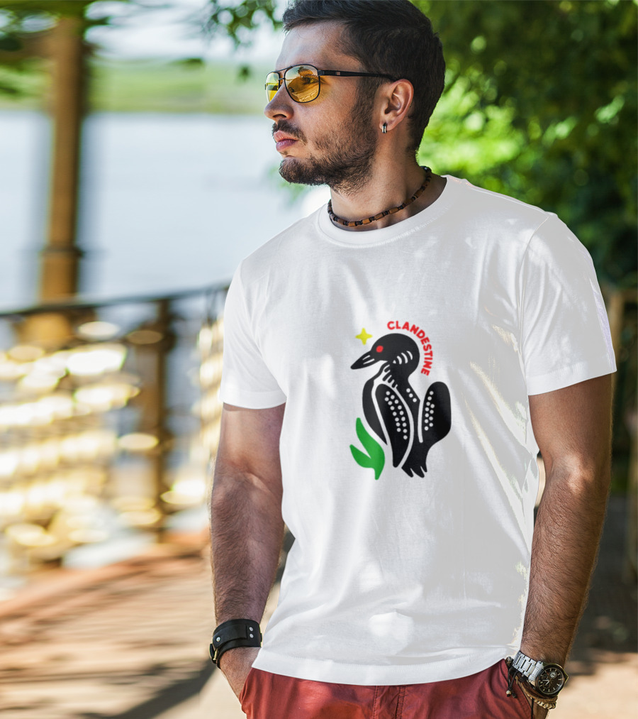 Clandestine Loon Bird With Star And Green Leaf Elements T-Shirt