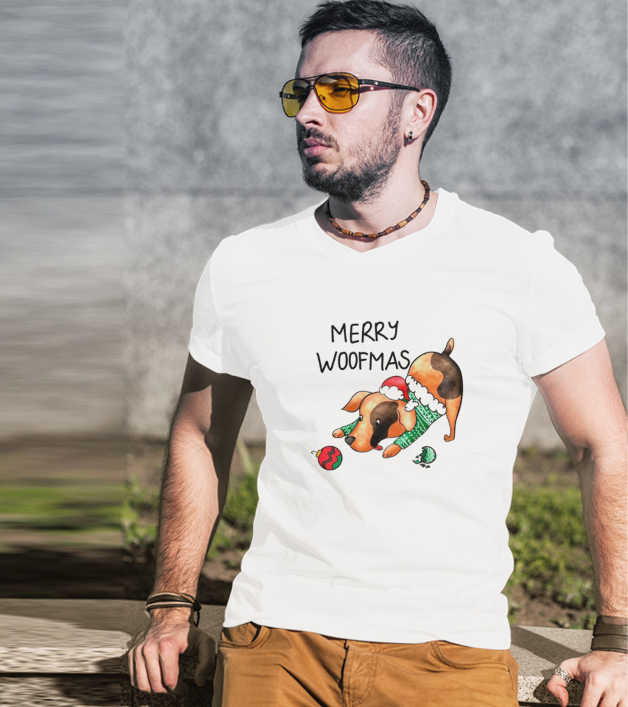 Merry Woofmas Dog In Santa Hat And Sweater With Christmas T-Shirt