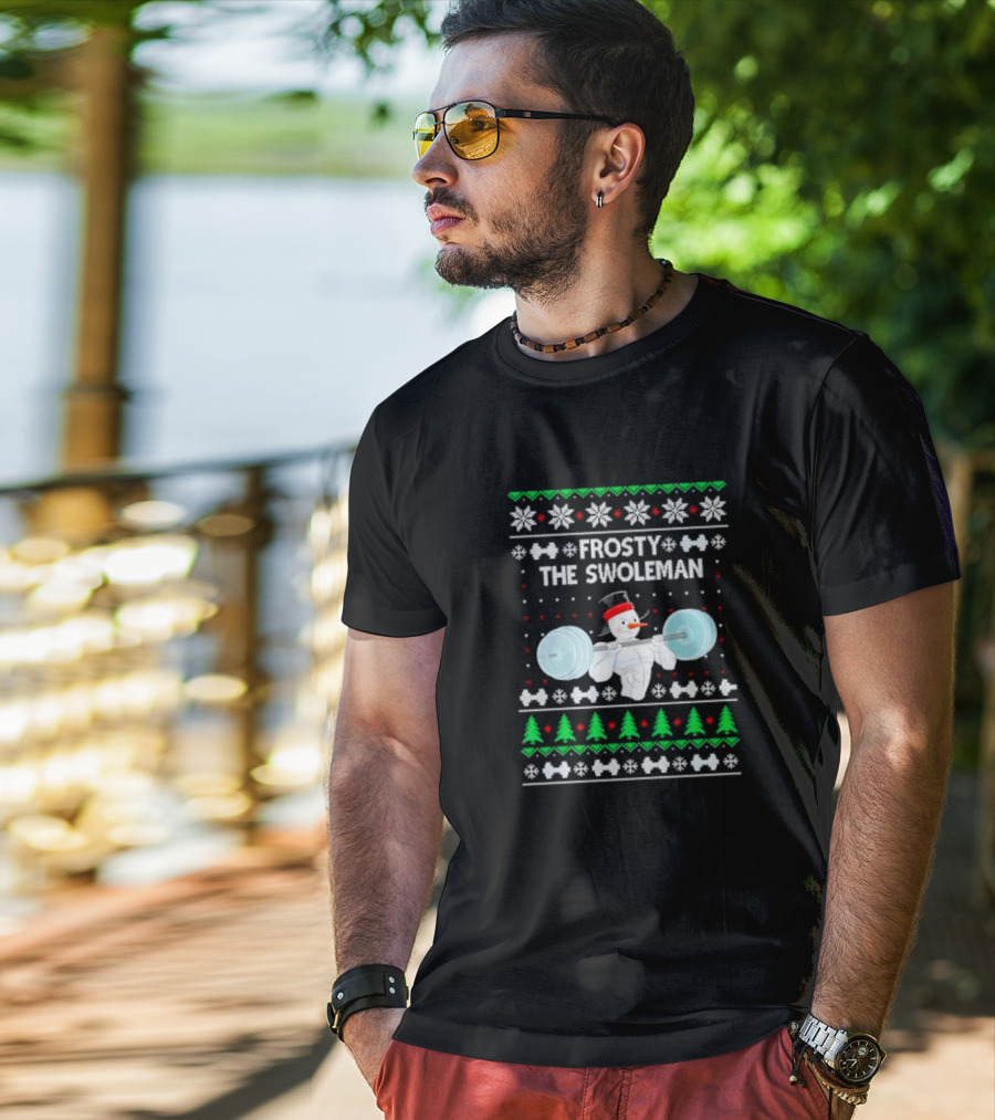 Frosty The Swoleman Snowman Lifting Weights Ugly Christmas T-Shirt