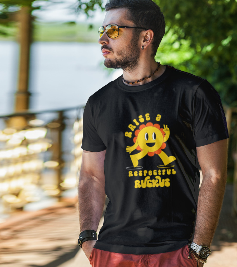 RAISE A RESPECTFUL RUCKUS CHARACTER WALKING WITH PEACE SIGN YELLOW AND ORANGE T-Shirt