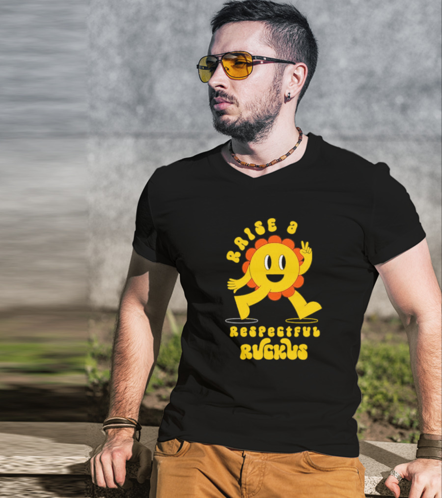 RAISE A RESPECTFUL RUCKUS CHARACTER WALKING WITH PEACE SIGN YELLOW AND ORANGE T-Shirt