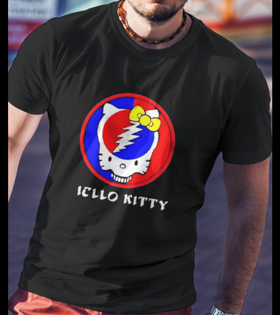 Hello Kitty Grateful Dead Skull Icon With Lightning Bolt And Yellow Bow T-Shirt