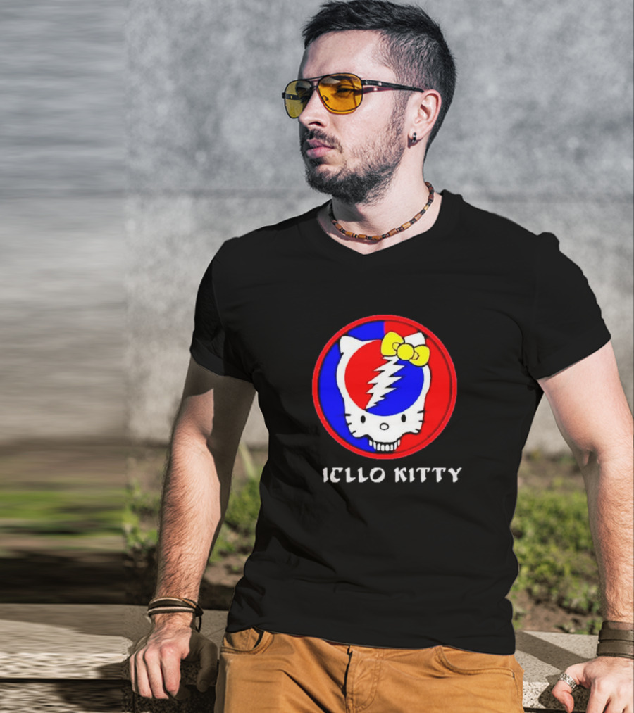 Hello Kitty Grateful Dead Skull Icon With Lightning Bolt And Yellow Bow T-Shirt