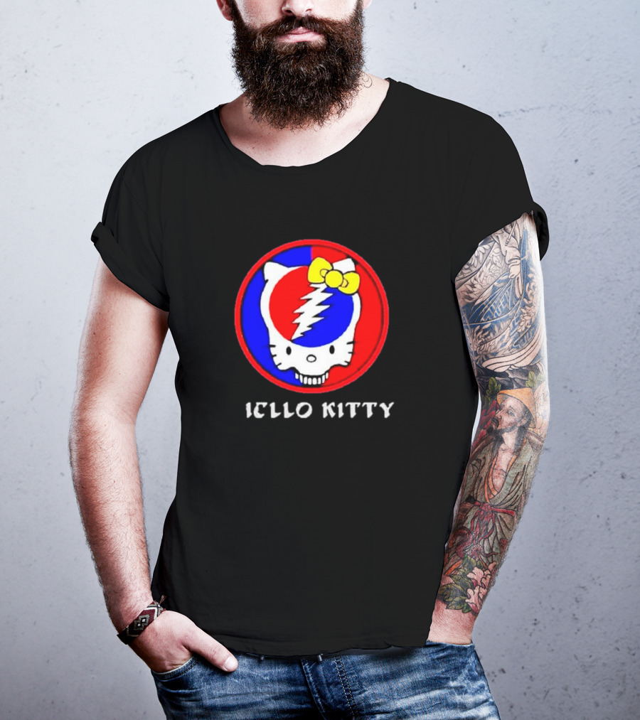 Hello Kitty Grateful Dead Skull Icon With Lightning Bolt And Yellow Bow T-Shirt