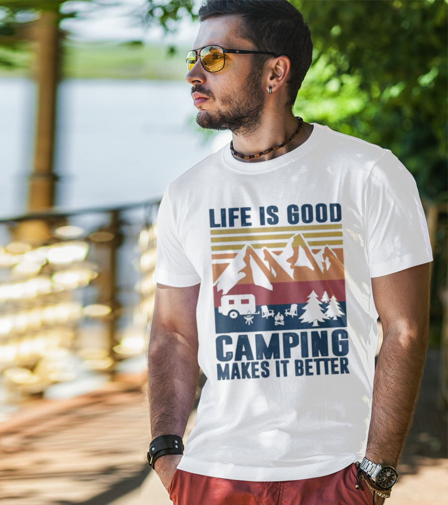 Life Is Good Camping Makes It Better Vintage Mountains Camper Landscape T-Shirt
