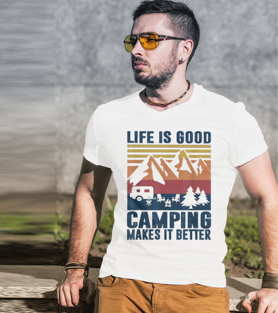 Life Is Good Camping Makes It Better Vintage Mountains Camper Landscape T-Shirt