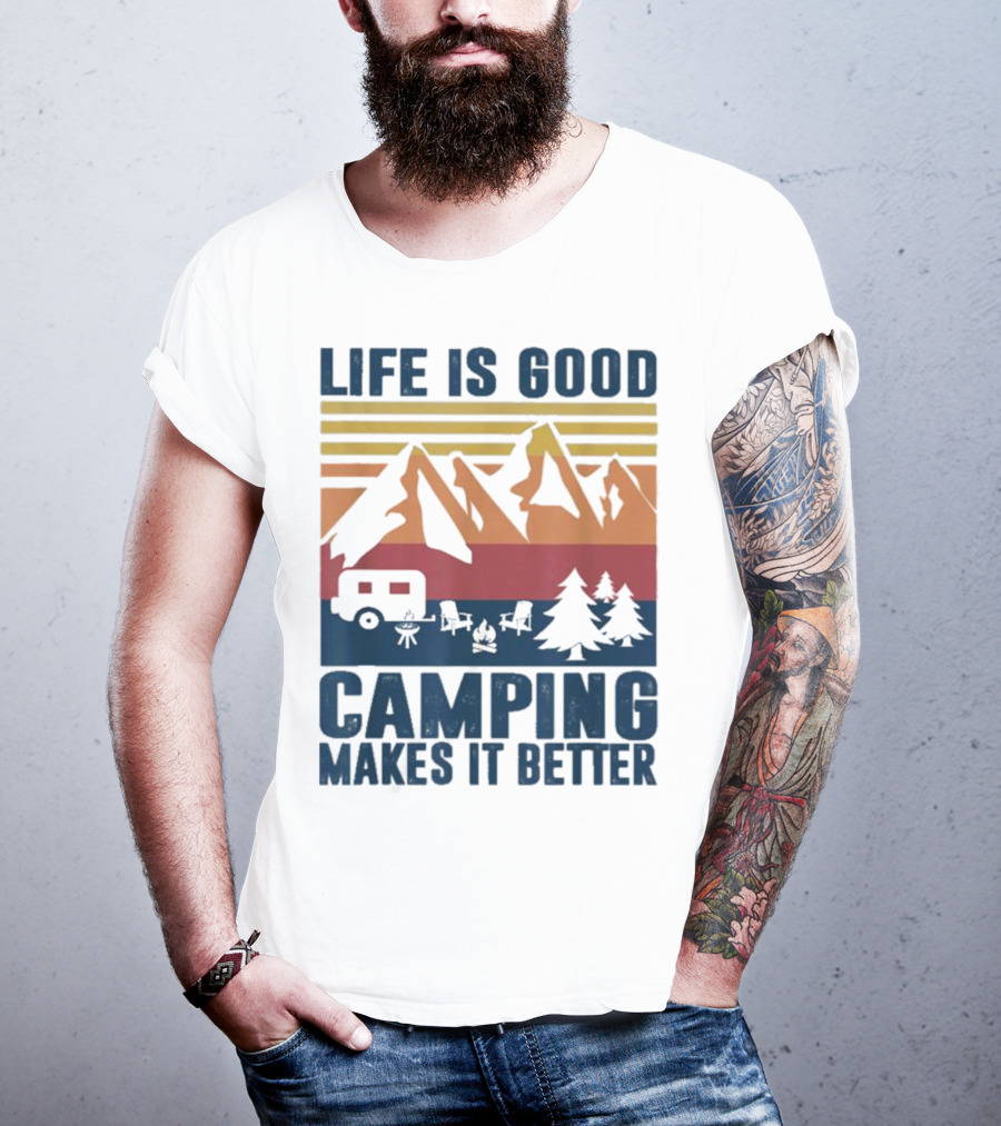 Life Is Good Camping Makes It Better Vintage Mountains Camper Landscape T-Shirt