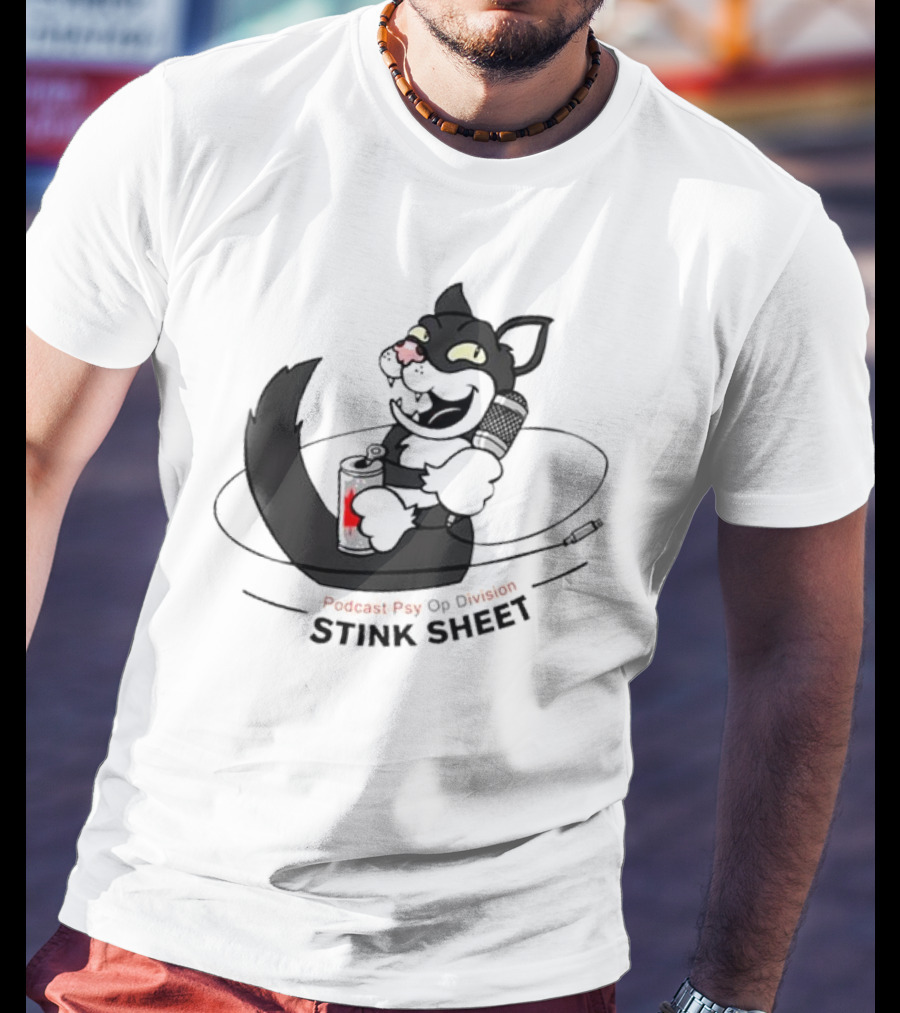 Podcast Psy Op Division Stink Sheet Mischievous Cartoon Cat With Microphone And Spray Can T-Shirt