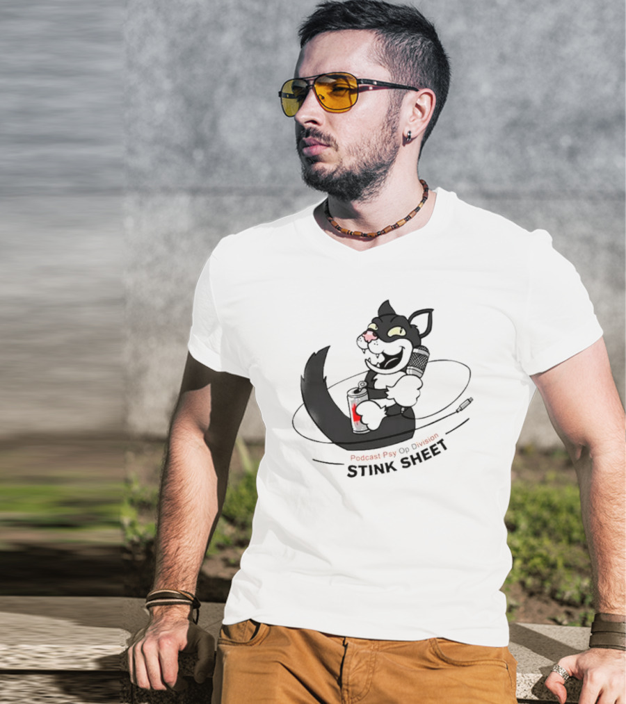 Podcast Psy Op Division Stink Sheet Mischievous Cartoon Cat With Microphone And Spray Can T-Shirt